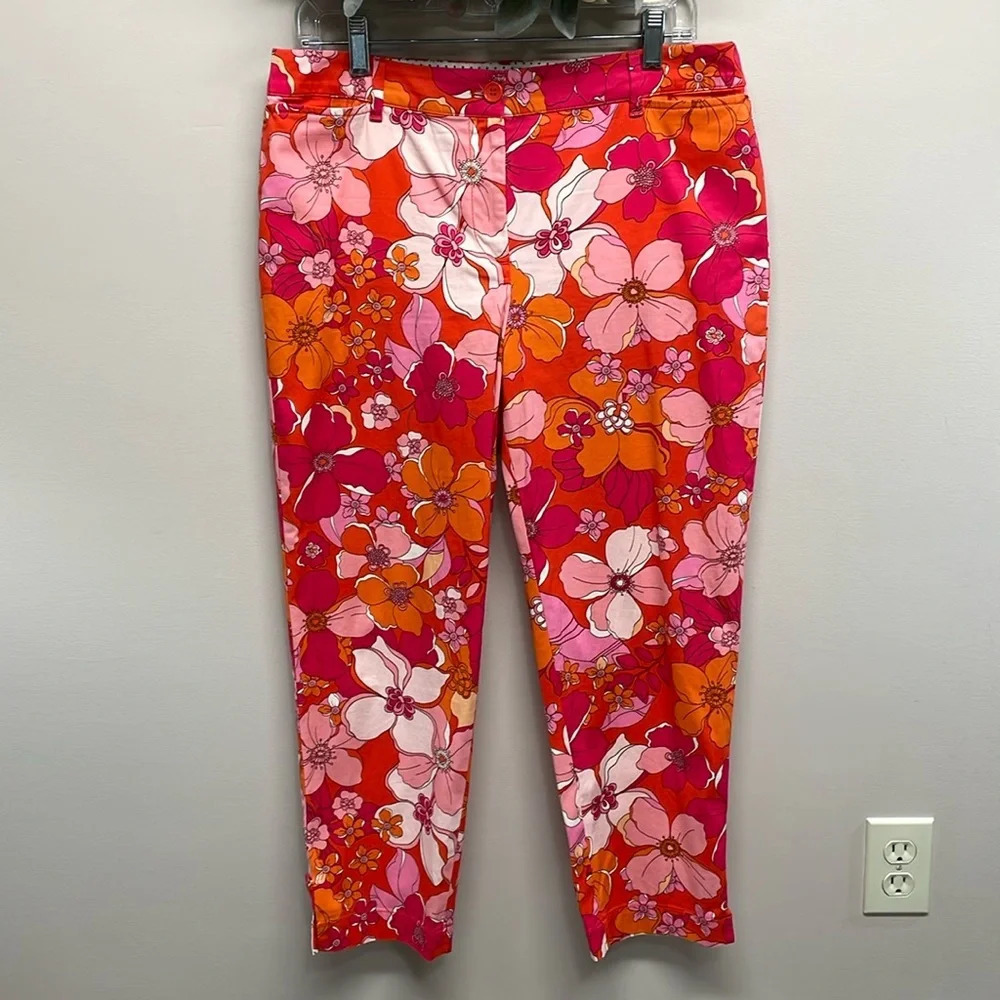 Talbots Perfect Crop Pants Floral Pink Orange 8